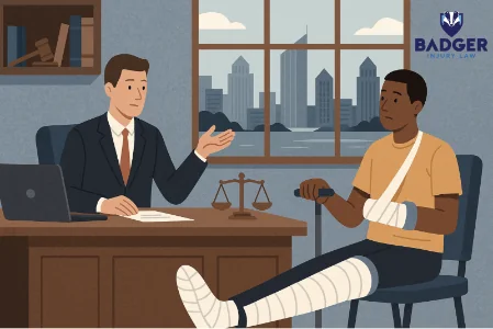 An injured man with a broken leg and a broken arm consulting a lawyer for Badger Injury Law.